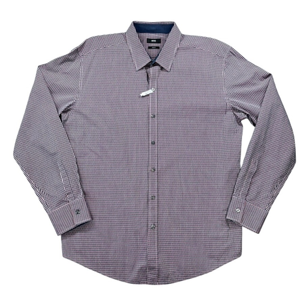 Hugo Boss Button Down Shirt Mens 2XL Pink Navy Micro Check Slim Fit Long Sleeve